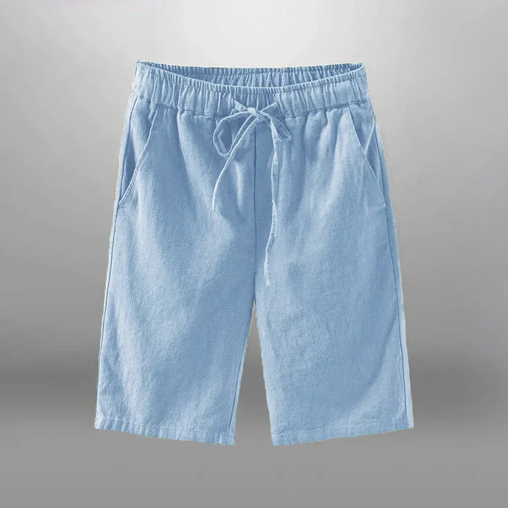 Men’s Cotton-Linen Knee-Length Drawstring Shorts with Pockets and Regular Fit