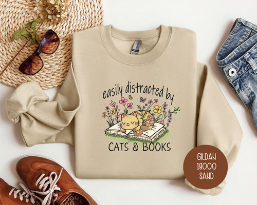 Easily Distracted by Cats and Books Sweatshirt