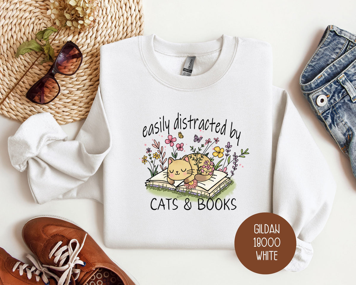 Easily Distracted by Cats and Books Sweatshirt