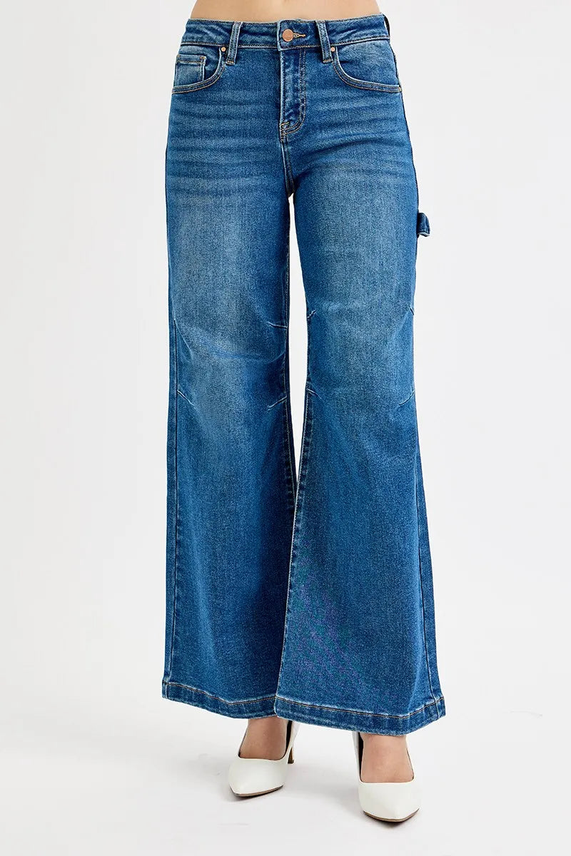 RISEN Full Size High Rise Wide Leg Patch Detailed Jeans Plus Size
