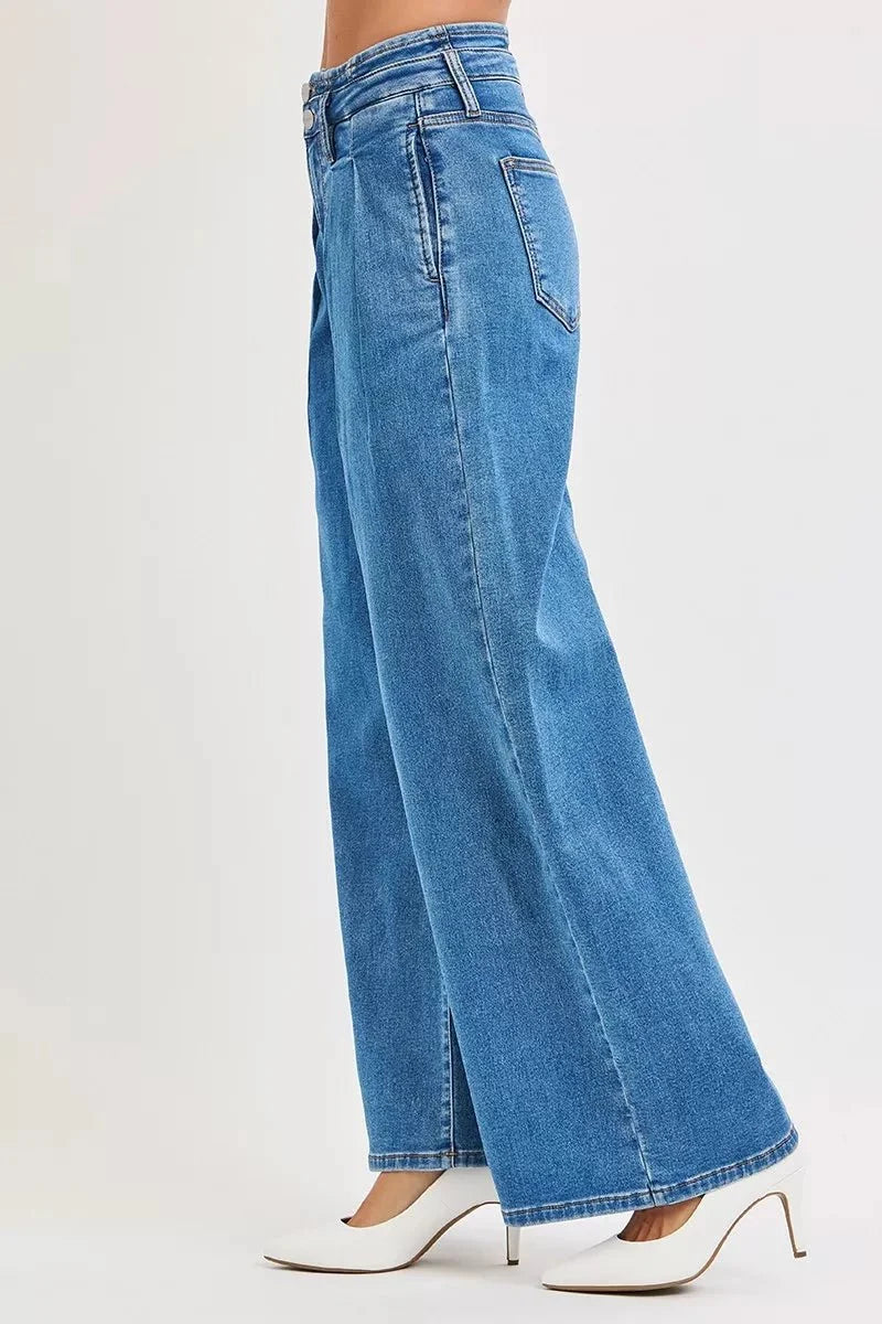 RISEN Full Size Mid Rise Fit Wide Leg with Pleated Detail Jeans Plus Size
