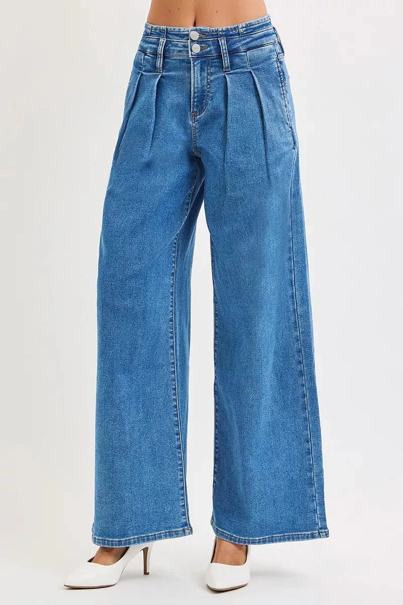 RISEN Full Size Mid Rise Fit Wide Leg with Pleated Detail Jeans Plus Size