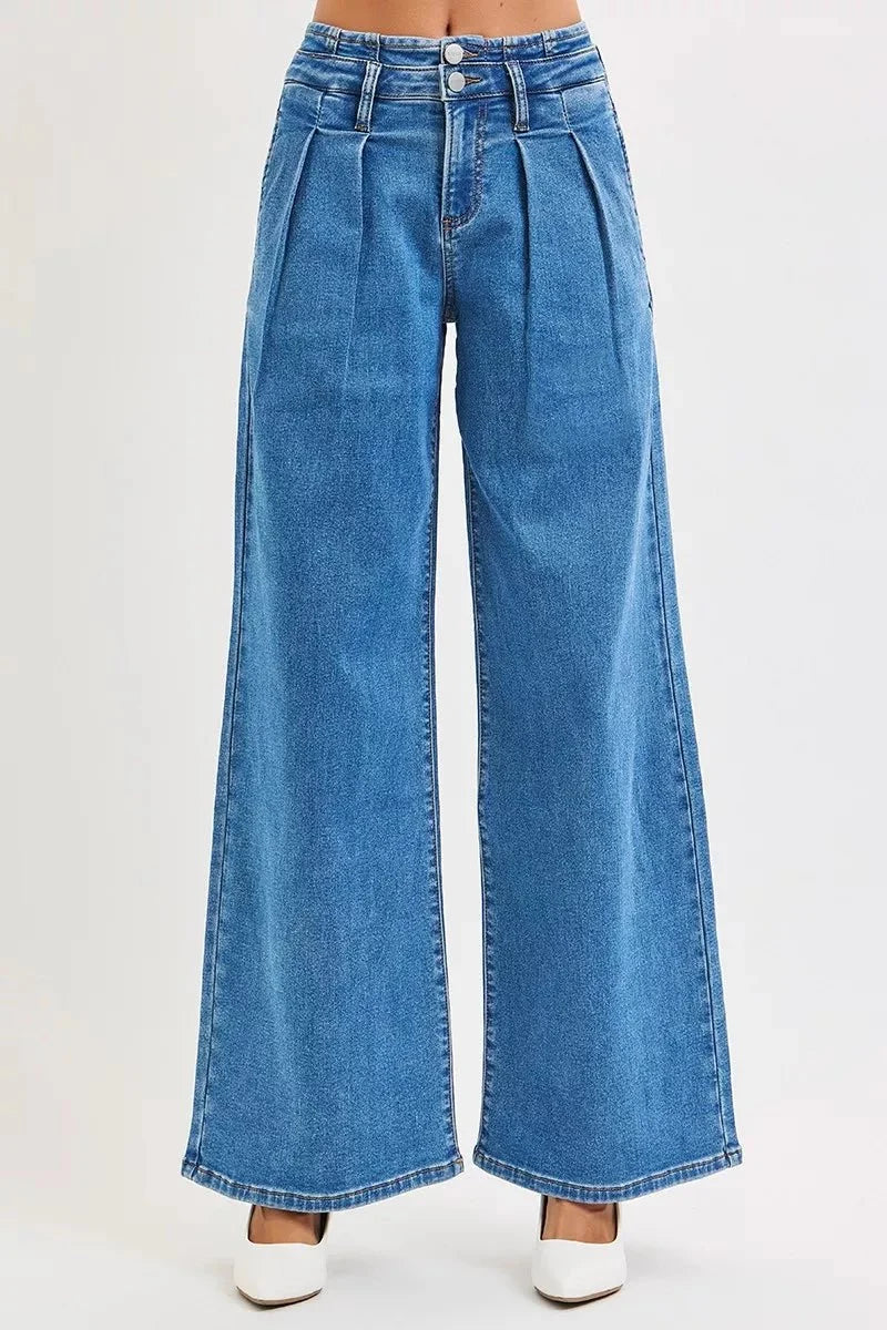 RISEN Full Size Mid Rise Fit Wide Leg with Pleated Detail Jeans Plus Size
