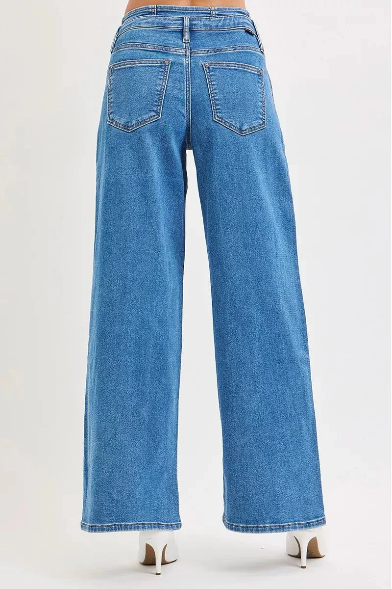 RISEN Full Size Mid Rise Fit Wide Leg with Pleated Detail Jeans Plus Size
